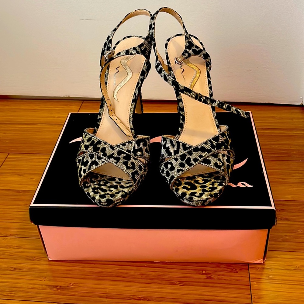 Nina Leopard Print Silver and Black Peep Toe Heels - Fabric Upper